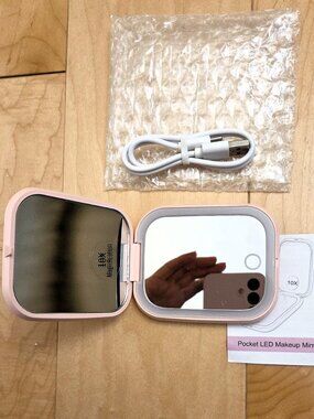 Mirror x10 Pocket LED Light Makeup Rechargeable Foldable Pink NEW Travel Small